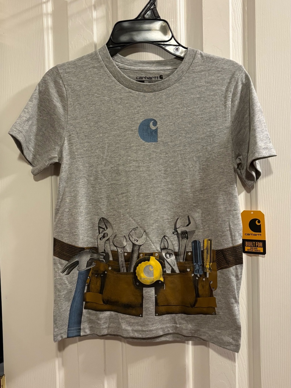 Carhartt Boys Size 7 Light Grey Heather Toolbelt Graphic T-Shirt TK8705-B NEW